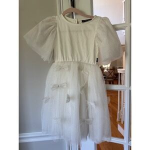 Rock Your Kid Girls White Gold Glitter Tulle Bow Dress Puff Sleeve Size 7 NWOT